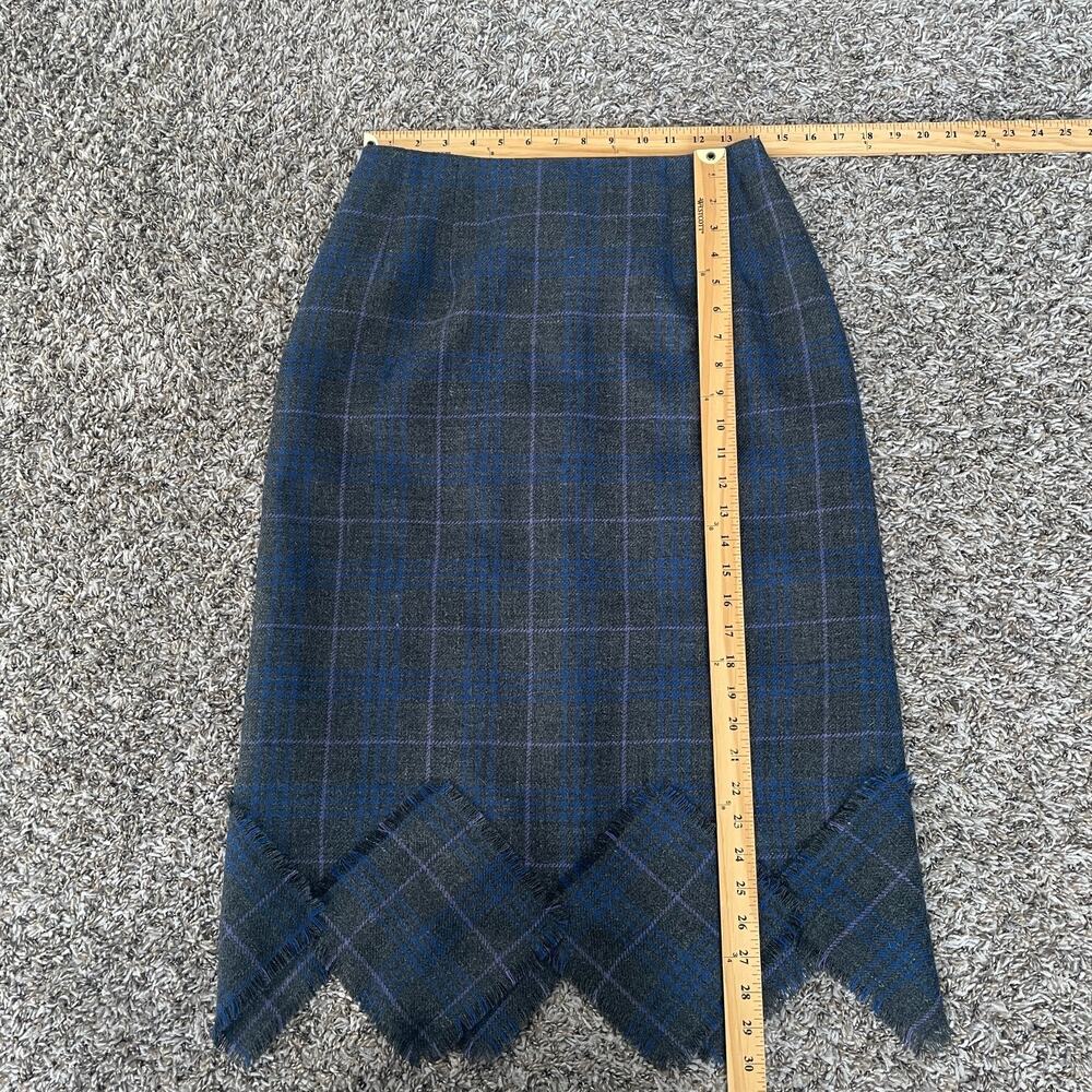 Vintage Midi Skirt Size 8 Grey Blue Plaid Tartan Wool Asymmetrical Academia 90s - Picture 13 of 14